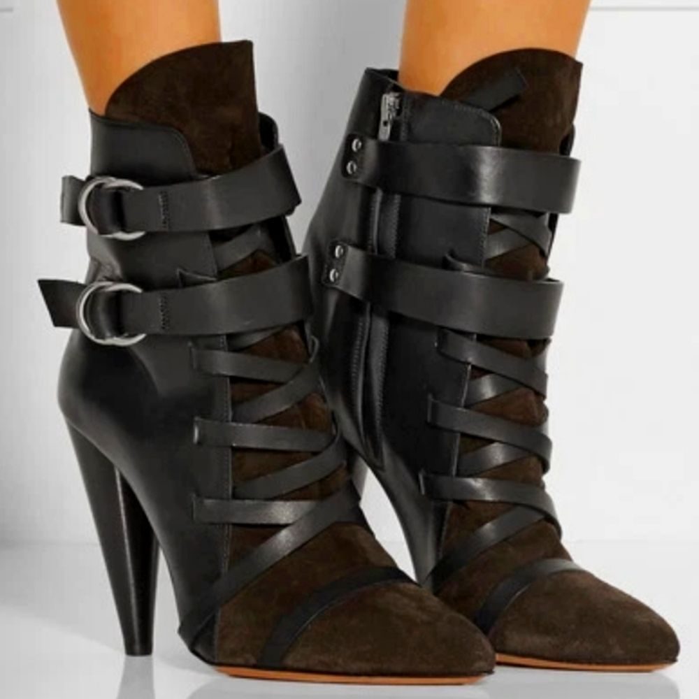 Isabel Marant Black and Brown Heeled Boots with Suede and Leather Straps Size 36